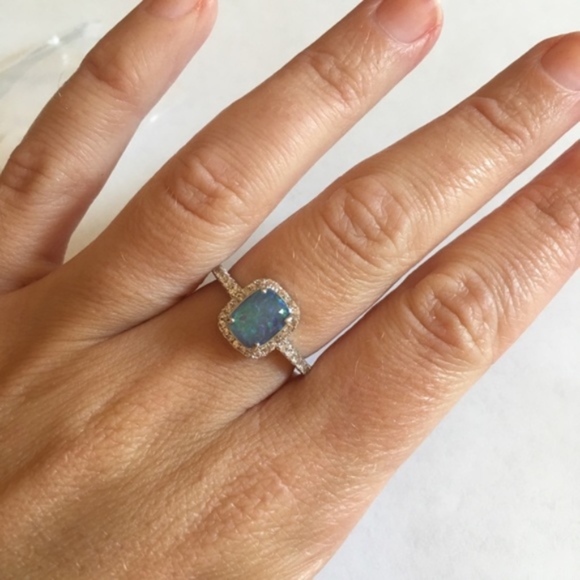 New Blue Fire Opal Silver CZ Ring - Picture 4 of 8